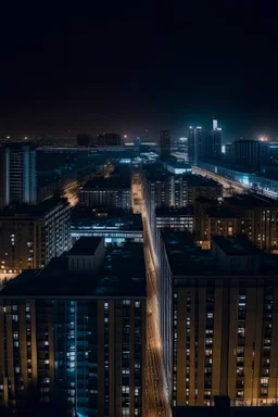 Une vue comme prise depuis la fenêtre d'un très grand immeuble, montrant la vue de la belle ville par une calme nuit d'hiver, avec les lumières des bâtiments voisins.