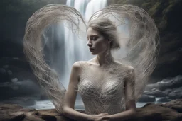 double exposure, merged layers, woman shaped silver wire mesh, real pearl and driftwood, contemplative gaze into the distance, heart and love, waterfall, dreamlike composition, front illuminated, silver glitters