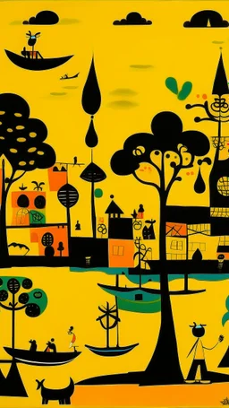 A yellow sky with floating islands designed in Javanese shadow puppets painted by Stuart Davis