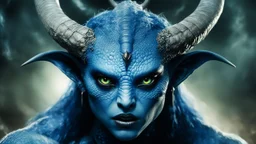 extraterrestrial femine being, blue skin, big black eyes, horns, angry, reptilian mode