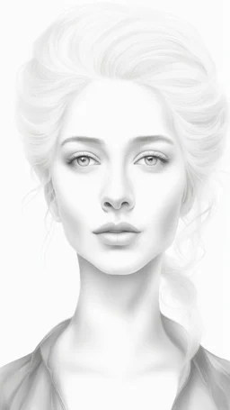 A beautiful face of woman all white skin, white eyes, white hair on a white background, pencil drawing style