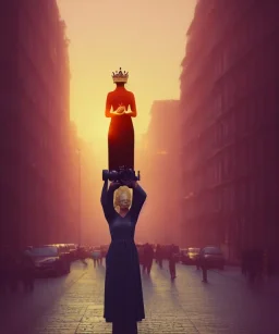 Statue of Queen of photography. Cute blonde woman. Photographer in golden crown. Standing on the street. Big camera in her hand. hyperdetailed, photorealistic, trending on artstation, greg rutkowski, beksinski, kodachrome, lomography, golden hour, bokeh, volumetric light