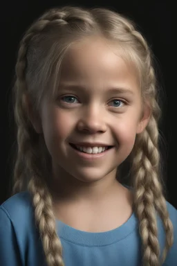 Chiaroscuro lighting, deep shadows, rich deep colors, facial portraits, 8K Ultra-HD, Hyper Realistic, Photorealistic, Realistic, focused, Clear, Extremely Detailed, beautiful, Cinematic, proportionate, full color, headshot image of a smiling 8-year-old girl with long blonde hair, pulled back into braids, wearing a pair of blue round lensed glasses, and a pink and blue button t-shirt, big happy smile, a foggy, cloudy, blue background