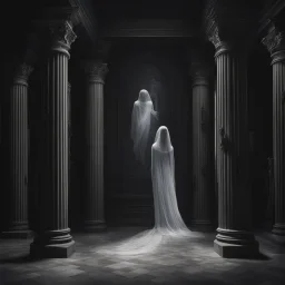 Hyper Realistic Afterlife ghostly Love with black-walls-&-fancy-pillars showing cinematic & dramatic ambiance