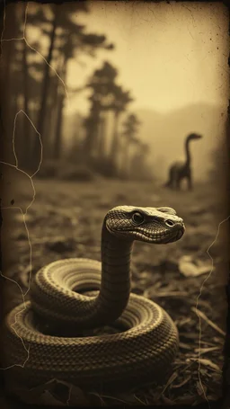 An old picture style of brown and white mono tone picture very bad quality looks very old camera picture with cracks of a snake , the year 1900 in the background from a distance dinosaurs