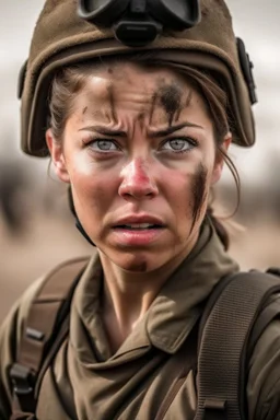 a beautiful American woman soldier with ferocious expression fighting in war field