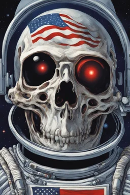 A close up of a skeleton face looking at the camera from a mysterious side view. Deep bony features and inside the hollow eyes are red shining lights, scary. Dressed in an astronaut suit floating in space. On his suit is an American flag and in his one hand is a small wavering American hand flag. From the back of his suit is blowing out blue, white and red smoke. Realistic, 8k, highly detailed, funny