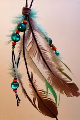 feathers and beads on leather string moving in the wind, warm colors, sharper details