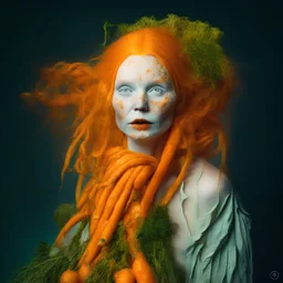 Undressed Pale old witch portrait, orange hair made of carrots and other vegetables, mold skin, style - professional_studio light