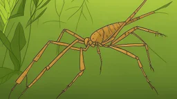 An anime-style illustration of a stick insect with long, spindly brown legs and a slender body clinging to a leaf