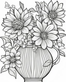 coloring page for kids, depicting awesome flowers in a vase, black and white, well defined lines, grayscale, white background