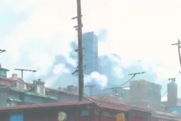 Smokey cyberpunk cityscape, dystopian