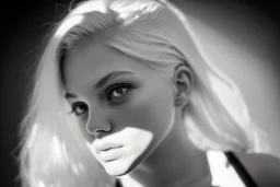 Mujer rubia, retrato primer plano de espaldas, iluminada desde atrás, al estilo de la foto del fotógrafo Hugo Alonso. Imagen en blanco y negro vaporoso