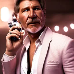 portrait a crystalised white pink harrison ford as han solo, atmospheric, realistic, unreal engine, lighting, octane render, scifi suit