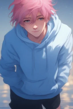 An androgynous young man with tousled pink hair and golden eyes floating among the stars wearing a light blue hoodie and black board shorts. He is smiling softly and holding a star in one hand.