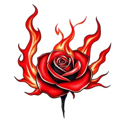 a fire with dark embers and the flames spiral outward like petals to make the shape of a rose flower(red) , black and red tattoo on white background