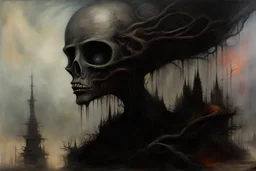 oil painting in the style of Dariusz Zawadzki, William Turner, Hieronymus Bosch, Giger, Beksiński, Alexander Kozhanov: a dystopic dark enviroment. colors run partially, oil paints on canvas. dramatic painting effects, fine crackles, mystic dark mood. horror, science fiction, depression. postapocalypse. nebular.