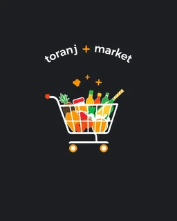 A beautiful design with a shopping cart in the middle filled with supermarket products and the words (toranj plus market) at the top of the image as a logo in a white, orange, and red color theme.