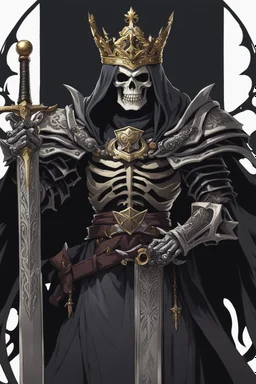 a demonic looking man with a sword in his hand, undead skeleton king, skeleton king, overlord season 4, ainz ooal gown, prince crown of black gears, the king of death, king of time reaper, overlord, lich vecna (d&d), dark and forboding, from overlord, scary knight, large black smile Overlord