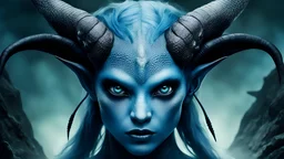 extraterrestrial femine being, blue skin, big black eyes, horns, angry, reptilian mode