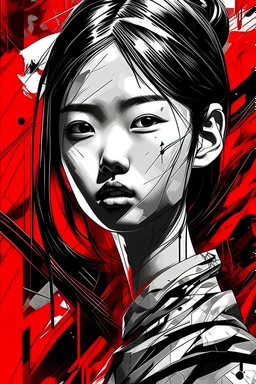 aesthetic, 2 tone, black and white, simplified shapes, figurative, style mix of acrylic painting, watercolor, oil painting, photography, digital art, brush strokes, dark red color pop, a gorgeous young asian girl, highly detailed , ultra detailed, very intricate, low poly, abstract surreal, Kanji , Katakana , niji style, graffiti style, comics style, anime style