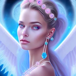 portrait of a beautiful woman with an angel face, pink and blue dress, jewels, soft light aura