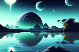 Alien landscape with grey exoplanet in the sky, Lagoon reflection, vegetation, sci-fi, concept art, movie poster, cinematic