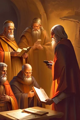 Several Christian priests of the 1st century AD are sitting in a cave and actively arguing and gesticulating, each holding a scroll of Ancient Scripture, on a wooden table in front of them there are many ancient scrolls, all painted with oil paintings in high resolution, in 8k.