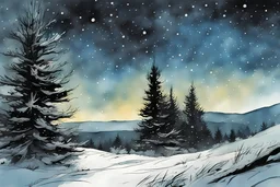 pine tree at night, snowflakes, A soft-focus image of stary night sky casting a warm glow, desert at night, create in inkwash and watercolor, in the comic book art style of Mike Mignola, Bill Sienkiewicz and Jean Giraud Moebius, highly detailed, gritty textures,