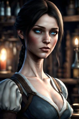 A female breton barmaid from Skyrim with light blue eyes, brunette, melancholic, wholesome, sad