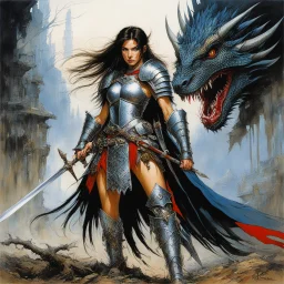 [art by Ralph Steadman] Masamune Shirow style: fantasy oil painting of a fierce female elf warrior wearing chainmail armor, she has long brown hair that cascades over her shoulders, she is standing beside the corpse of her enemy, a small dragon, her bloody sword sticking through its head into the ground, she has one hand on top of the swords pommel. She is extremely tall and muscular, ram horns on top of her head, vicious and fierce with large fangs