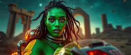 portrait with green skin, space race on mega vehicle, From the shadows, they rise, with a spark in their eyes, Ethereal echoes of a world we once knew, With the glam and the glamor, we reach for the skies, Cosmic rhythms pull us through, [Chorus] Suti came for our world, with the power to ignite, Dancing through the stars, we find our light. motion blurred background of ancient space ruins