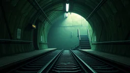 GAME CONCEPT ART .two poin perspective.Station platform and stairs from side .photograph inside of hole .Inside the old subway tracks, . Low light and closed green moss walls. Like the original design of the game space ,digital art.landscape,far camera old painting,2 Chen and George Hopper, Rembrandt lighting, a dark green color scheme, ethereal light. --ar 13:16 --v 6. 0 metro game