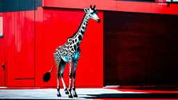 a painting of a giraffe standing in front of a building with red and black, a raytraced image, video art, digital horse, projection mapping, colorkey scene, still from a music video, mirrors edge art style, red and cinematic lighting, animated cinematography, volumetric lighting. red