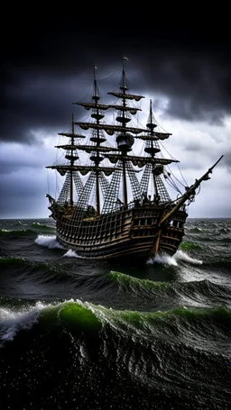 Pirate ship surround by ocean water, hurricane storm