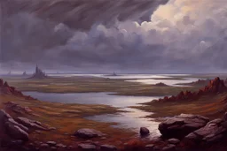 Cloudy day, distant city, lake, rocks, 2000's sci-fi movies influence, friedrich eckenfelder, and pieter franciscus dierckx impressionism paintings