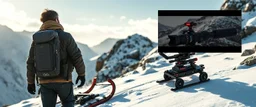 “Ultra-realistic outdoor adventure scene in snowy mountains. A rugged human adventurer carries a multifunctional backpack cam rig on a sled. The rig is integrated into the backpack with a telescopic camera mast, foldable sled/runners for low-angle shots, and small stabilizing wheels. Subtle LED lights on the rig glow softly. The backpack looks natural, weatherproof, and lightweight. Snow, rocks, and sunlight create natural shadows. The screen is split between footage and a pic of the equipment.