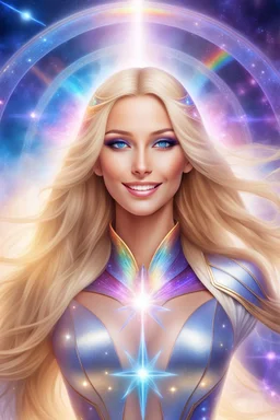 cosmic woman ,beautiful ufos rainbow, admiral from the future, galactic confédération, fine whole face, crystalline skin, expressive purple eyes,rainbow, smiling lips, very nice smile, costume pleiadian, Beautiful tall woman pleiadian Galactic commander, ship, perfect datailed golden galactic suit, high rank, long blond hair, hand whit five perfect detailed finger, amazing big puple eyes, mouth, high définition lips, cosmic happiness, bright colors, blue, pink, gold, jewels, realist,