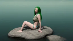 woman sitting on a rock, in a lake, green mottled skin, green hair, blue sky, white clouds