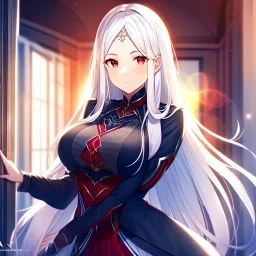 girl, masterpiece, best quality, volumetric lighting, detailed outfit, perfect eyes, long hair, white hair, red eyes, lens flare abuse, open forehead, indoors,