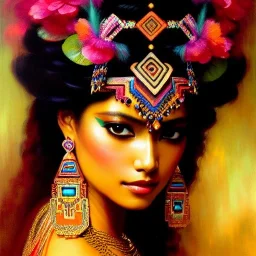 Drawing of beautiful face,busty Aztec Queen,sweet stare,aztec piramid,jungle,balanciaga fashion clothe painting by gaston bussiere, greg rutkowski, yoji shinkawa, yoshitaka amano, tsutomu nihei, donato giancola, tim hildebrandt, oil on canvas, cinematic composition, extreme detail,fit full head inside picture,16k