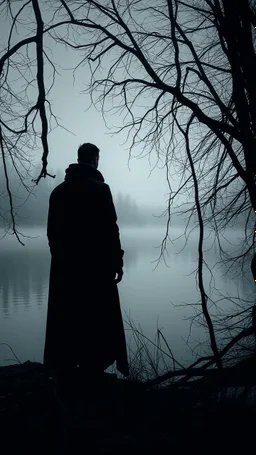 A mysterious man in black standing by the foggy lake black vein, human veins, mixing together a lot of them, like a forest, big and small veins a lot of them. A mist