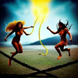 Two women skipping with a rope, demons and angry gods fight in the background, in the style of a Michael Moorcock book cover.