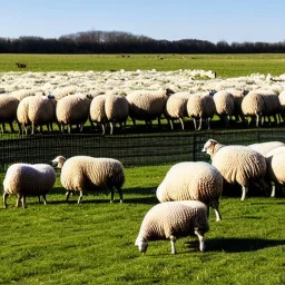 sheep grazing in a field with a few fences