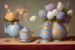 Mihály Munkácsy style, still life on table, light blue porcelain vase, lilac flower, pearl necklace, tea cup