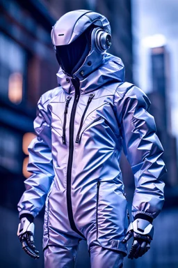 Hyper-detailed photography, A revolutionary cyborg robot is modelling a windbreaker jacket, full body visible, focus on the high-end material, limited edition, matte finish, puffed up air pockets, cinematic effect ,smart focus, 12k