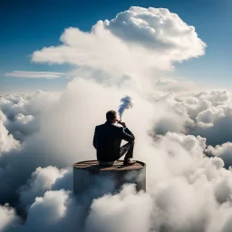 Man Smoking a Cigar making soke circles, sitting on ttop of a cloud *%!))))*&%