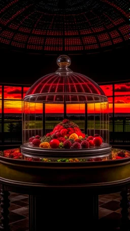 full shot of happy dandys eating cherries in a floating glass dome, dreamlike atmosphere, in the background the landscape burns like hell, in the style of jasper johns