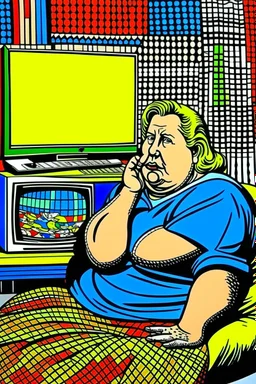 fat woman sitting on sofalistening to radio watching tv news in a room with signs of propaganda in the style of roy lichtenstein