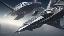 a photorealistic sleek silver spaceship flying over a futuristic ruined city